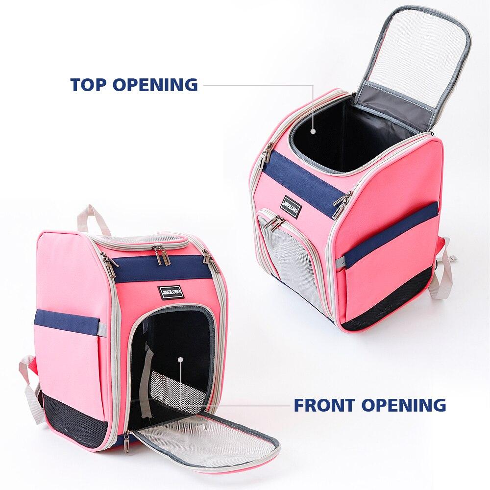 Double shoulder dog cat carrier backpack in pink and green, featuring breathable mesh for small pets.