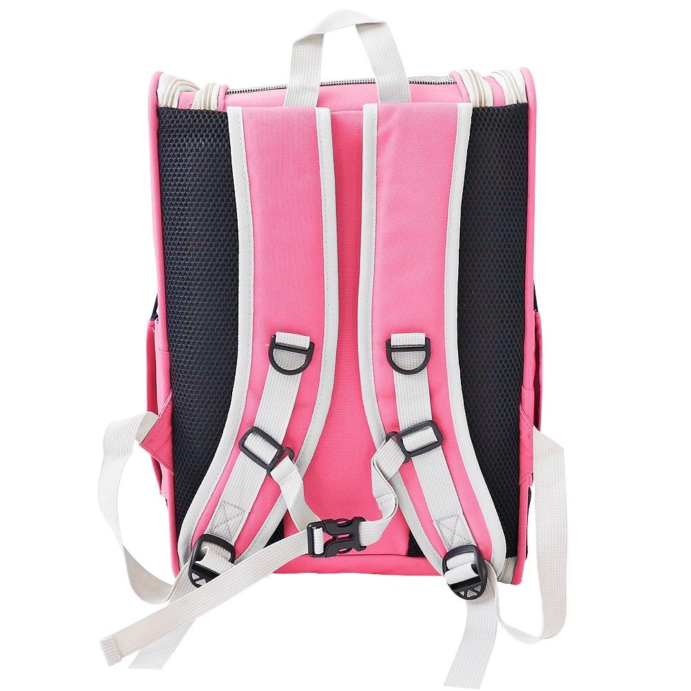 Double shoulder dog cat carrier backpack in pink and green, featuring breathable mesh for small pets.