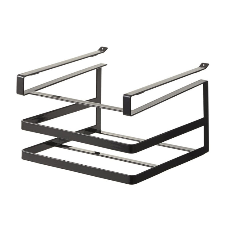Double-layer black kitchen wall-mounted cutting board rack, showcasing its strong metal design and space-saving features.