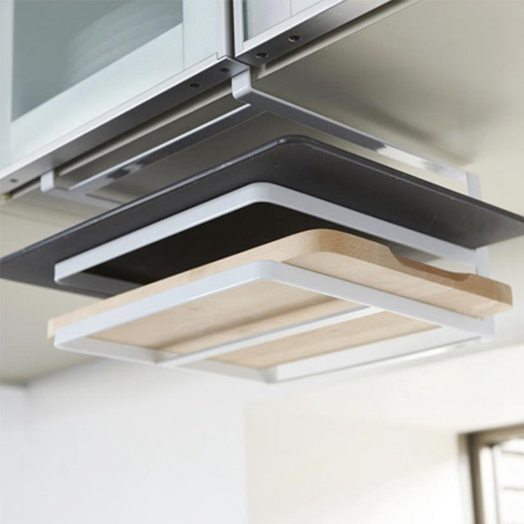 Double-layer black kitchen wall-mounted cutting board rack, showcasing its strong metal design and space-saving features.
