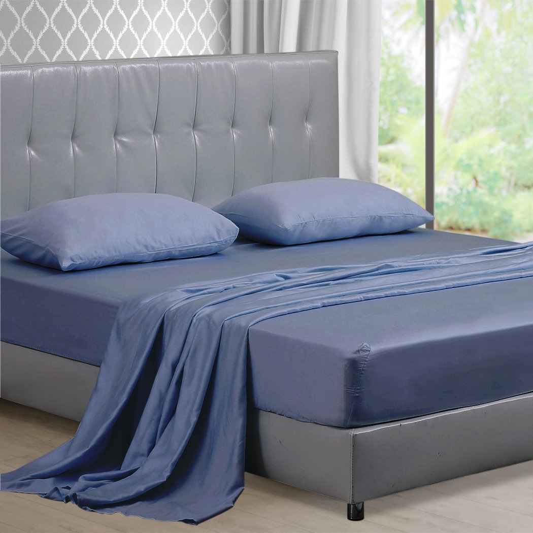 DreamZ 4 Pcs Natural Bamboo Cotton Bed Sheet Set in King size, featuring a bluish-grey color and luxurious soft sateen finish.