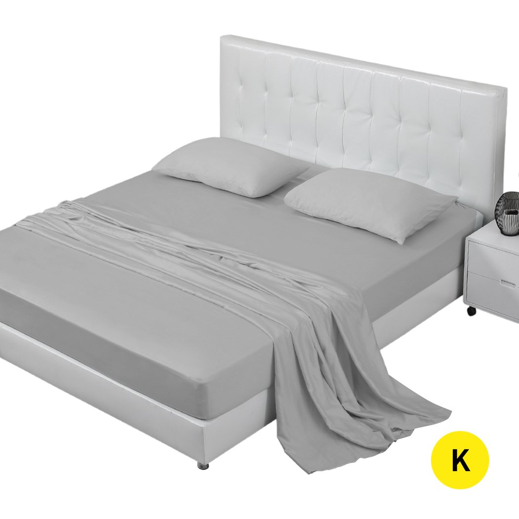 DreamZ 4 Pcs Natural Bamboo Cotton Bed Sheet Set in King Size Grey, featuring a fitted sheet, flat sheet, and two pillowcases, showcasing a soft sateen finish.