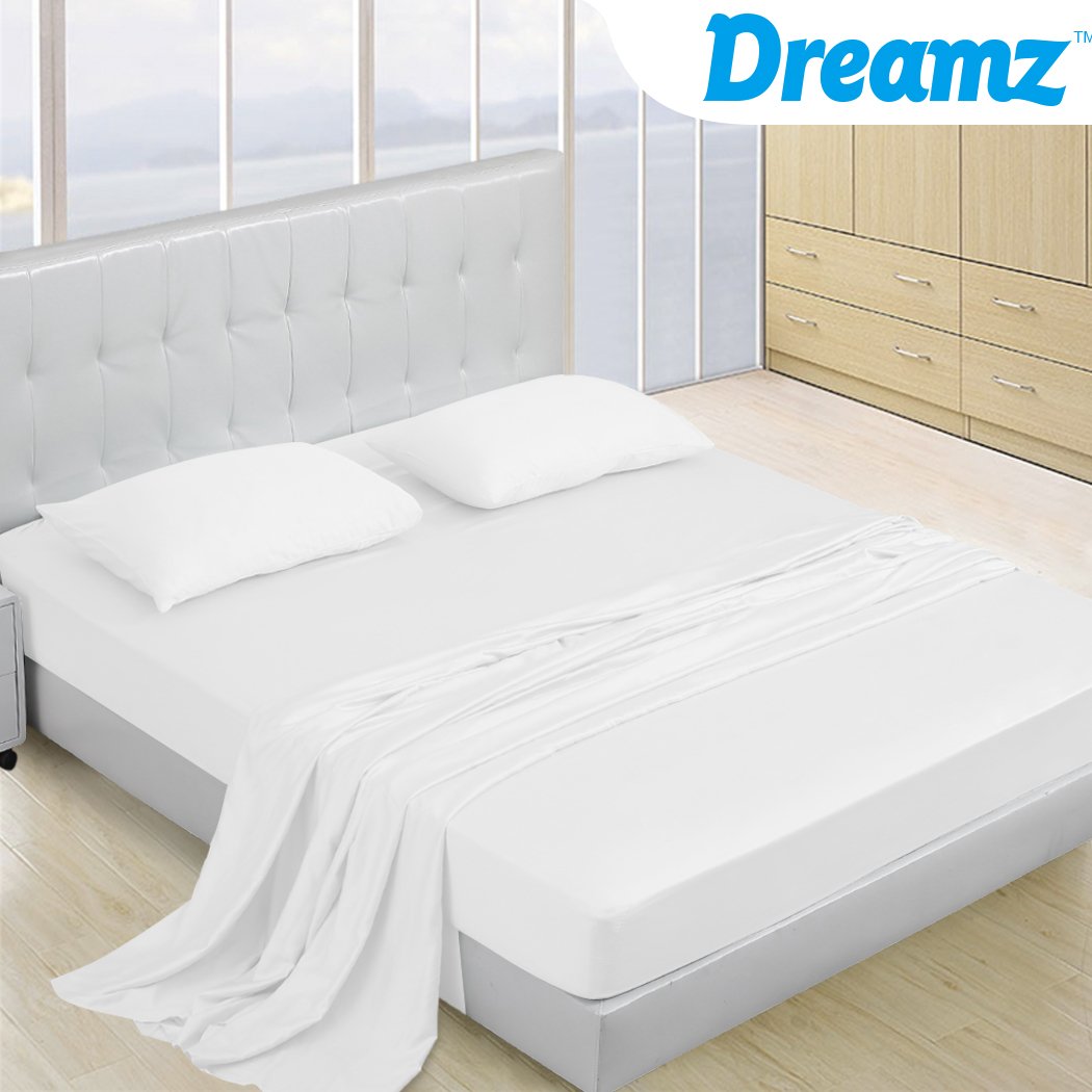 DreamZ 4 Pcs Natural Bamboo Cotton Bed Sheet Set in King size, featuring a soft white finish and luxurious bamboo-cotton blend.