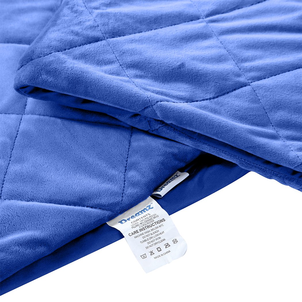 DreamZ 5KG Anti Anxiety Weighted Blanket in Royal Blue, featuring a soft cotton cover and glass bead filling for deep pressure stimulation.