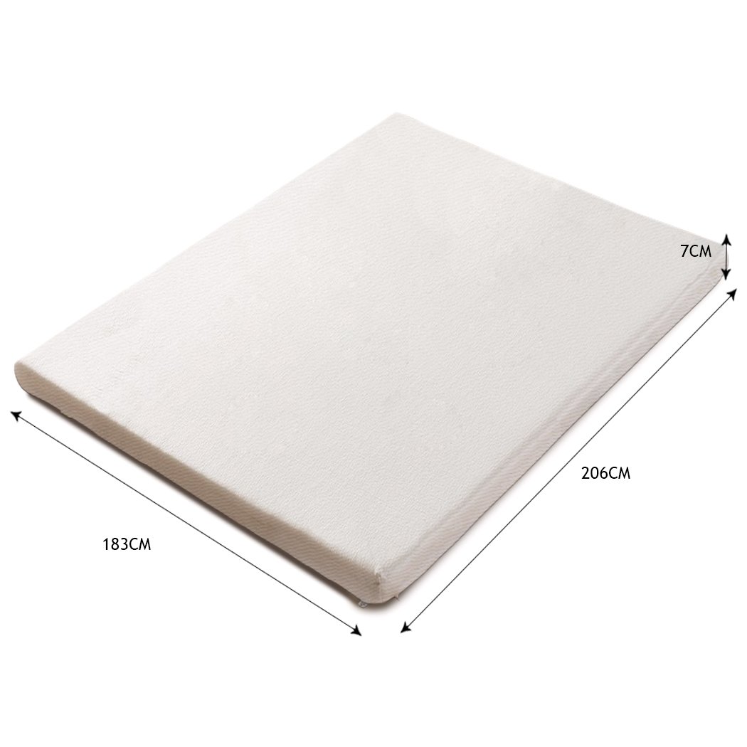DreamZ 7cm Memory Foam Bed Mattress Topper with removable cover, showcasing its soft and breathable design.