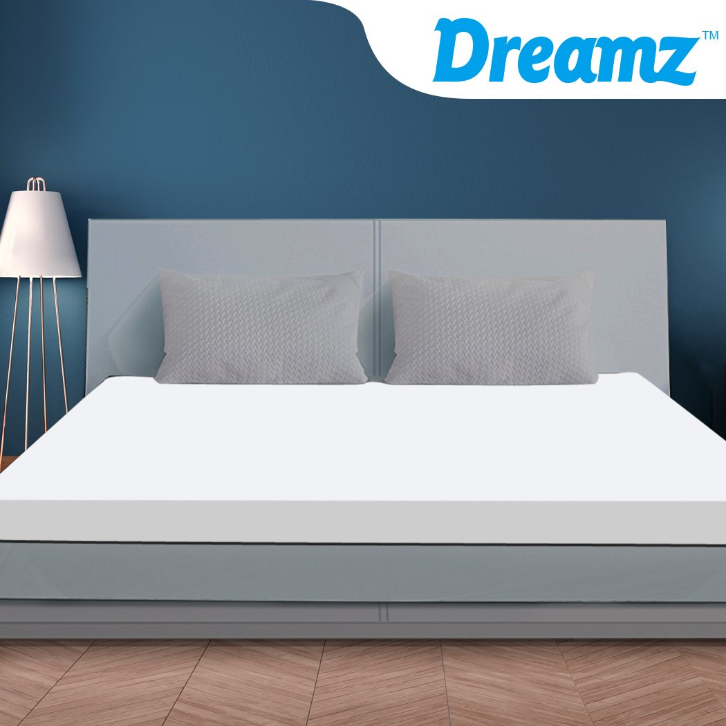 DreamZ 7cm Memory Foam Bed Mattress Topper with removable cover, showcasing its soft and breathable design.