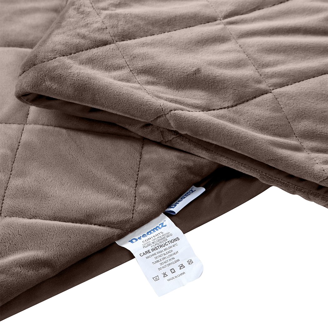DreamZ 9KG Anti Anxiety Weighted Blanket in mink color, featuring a soft polyester cover and glass bead filling for deep touch pressure stimulation.