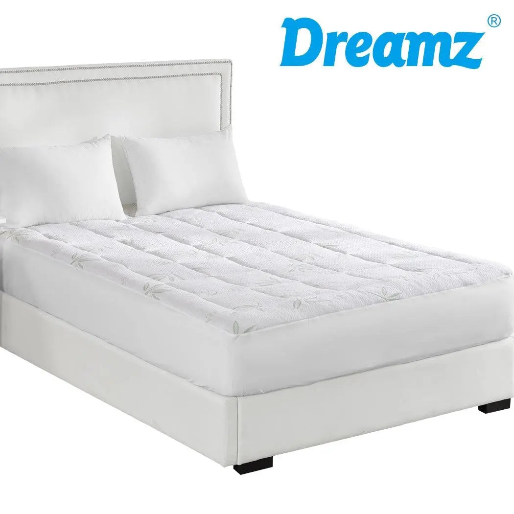 Dreamz Bamboo Pillowtop Mattress Topper Protector in white, showcasing its plush and soft texture, designed for comfort and cooling.