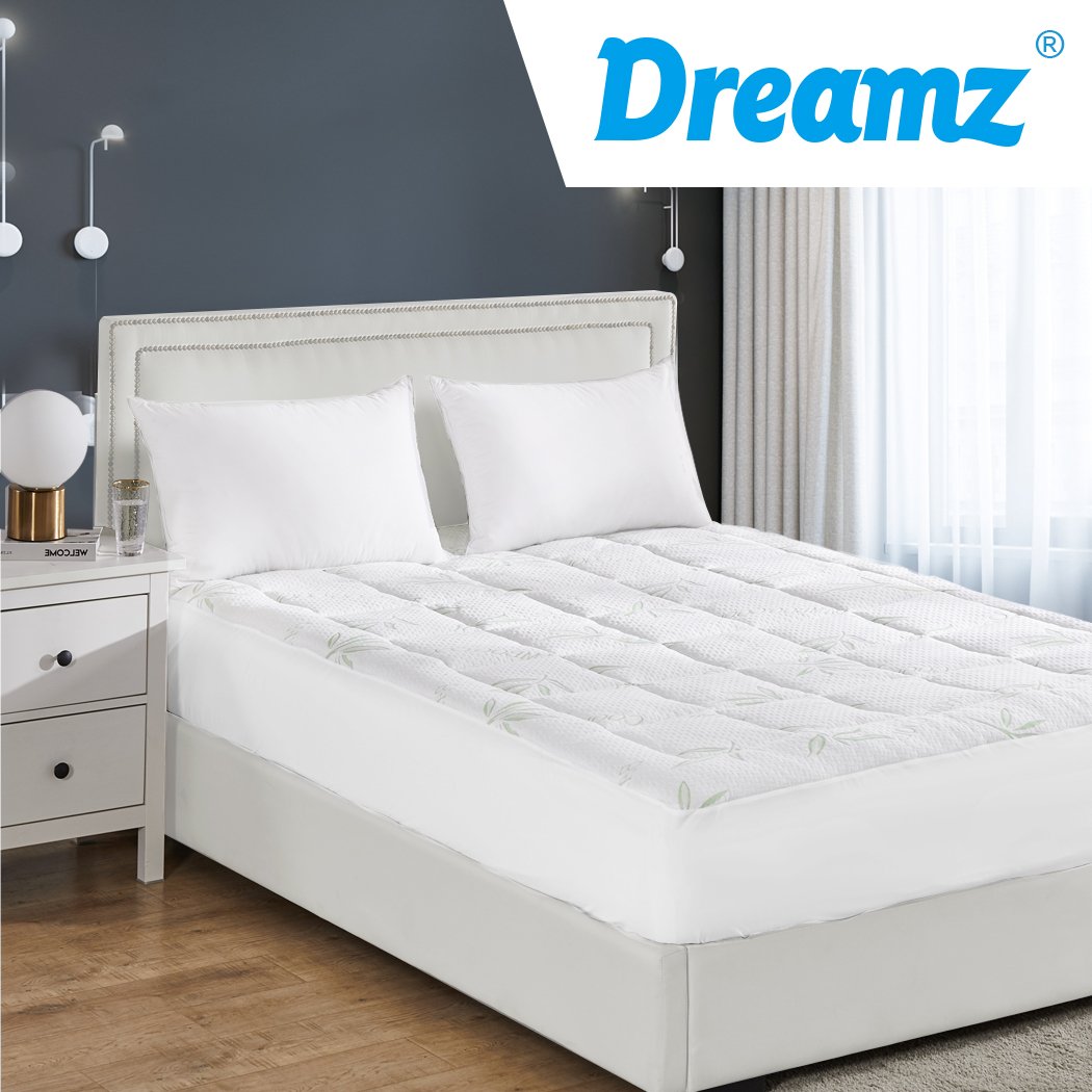 Dreamz Bamboo Pillowtop Mattress Topper Protector in white, showcasing its plush and soft texture, designed for comfort and cooling.