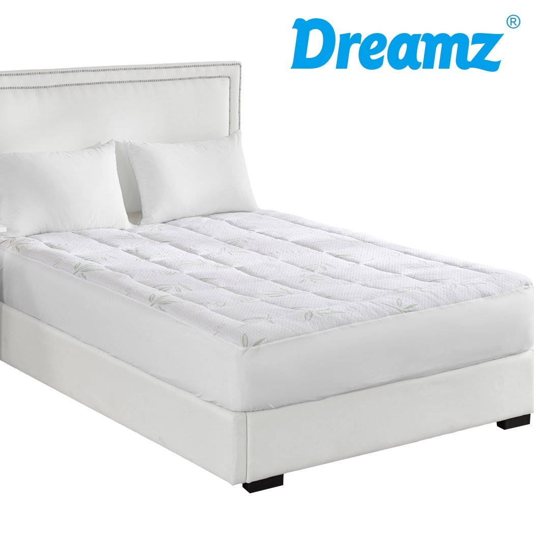 Dreamz Bamboo Pillowtop Mattress Topper Protector in white, showcasing its plush and soft texture, designed for comfort and cooling.