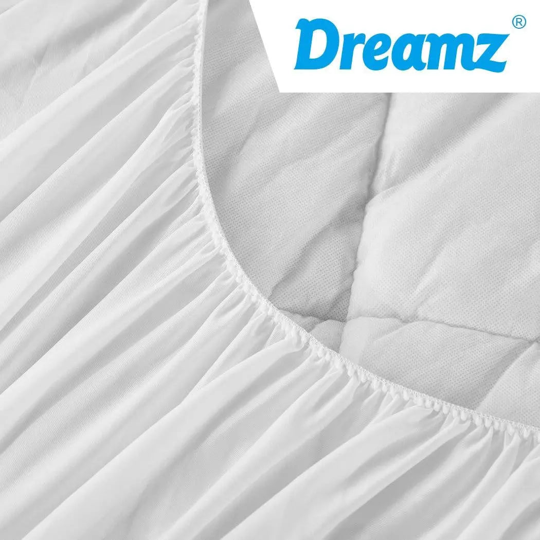 Dreamz Bamboo Pillowtop Mattress Topper Protector in white, showcasing its plush and soft texture, designed for comfort and cooling.