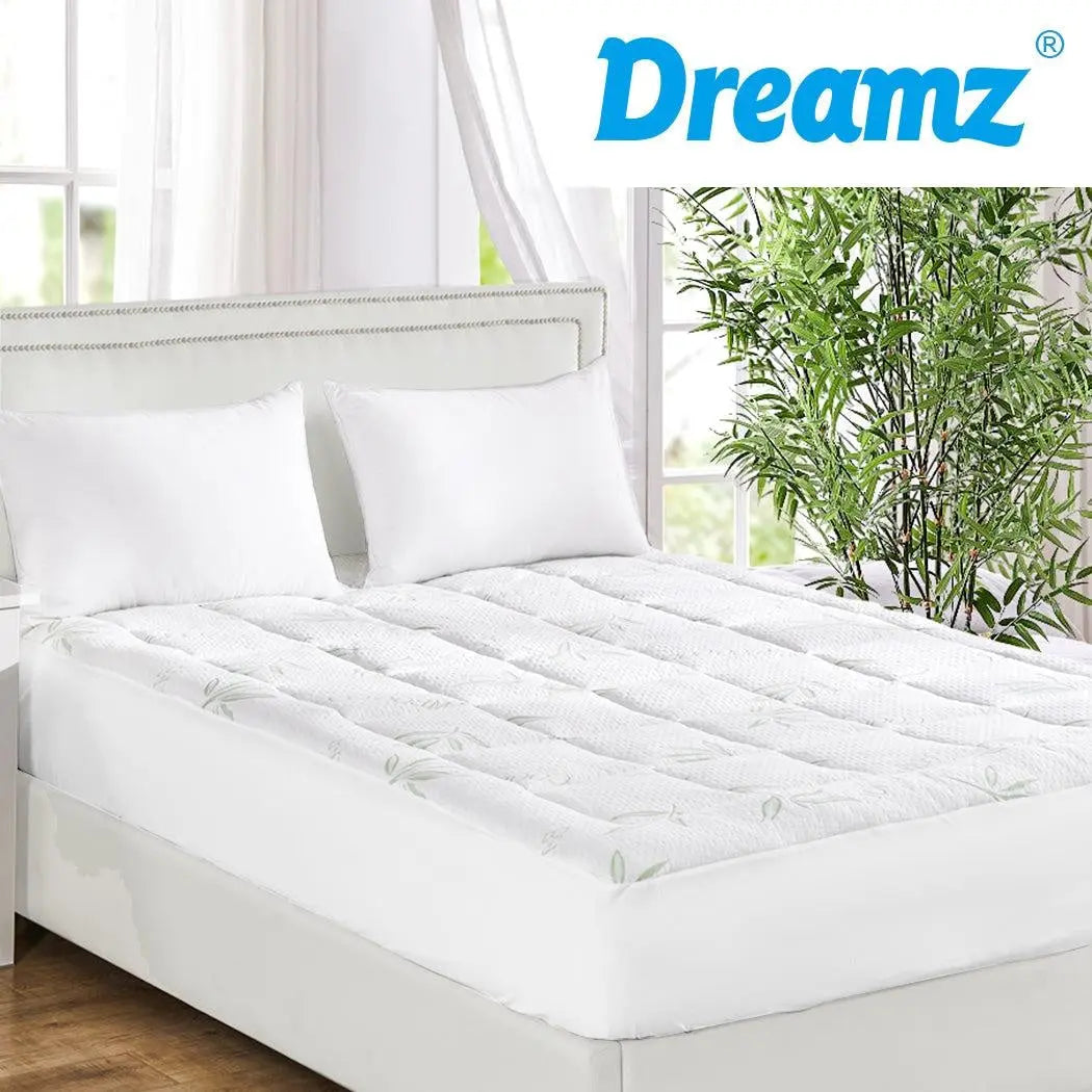 Dreamz Bamboo Pillowtop Mattress Topper Protector in white, showcasing its plush and soft texture, designed for comfort and cooling.