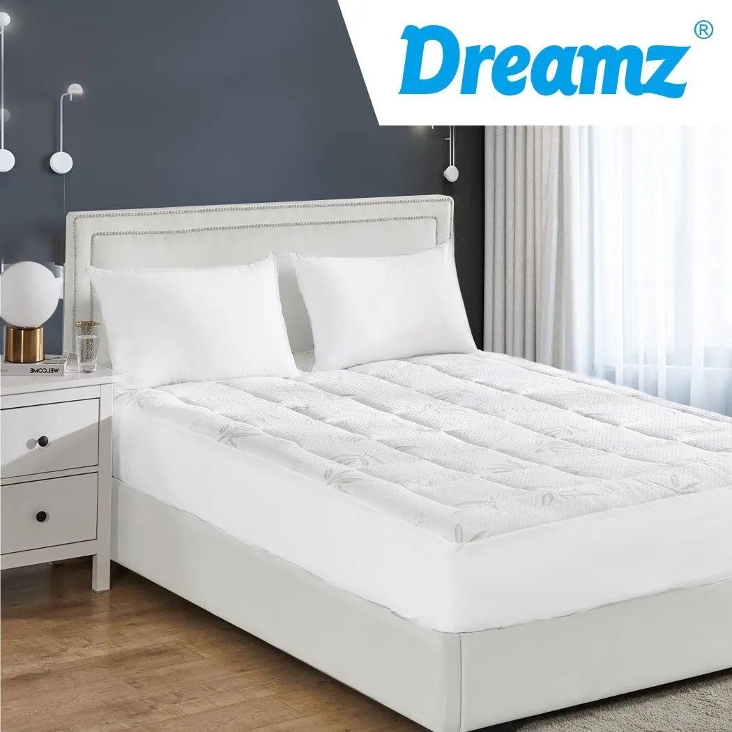 Dreamz Bamboo Pillowtop Mattress Topper Protector in white, showcasing its plush and soft texture, designed for comfort and cooling.