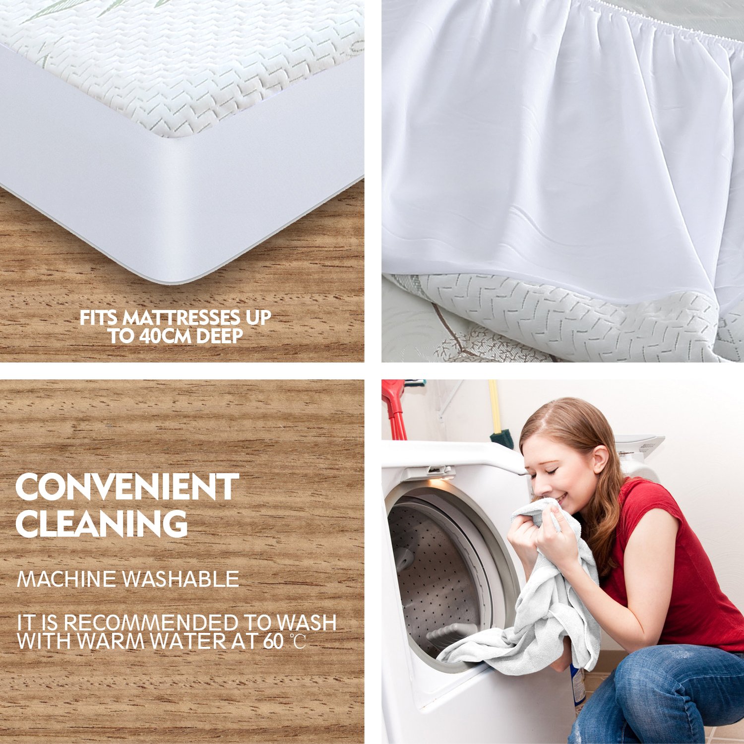 DreamZ Fitted Waterproof Mattress Protector with Bamboo Fibre Cover, showcasing its soft texture and waterproof features.