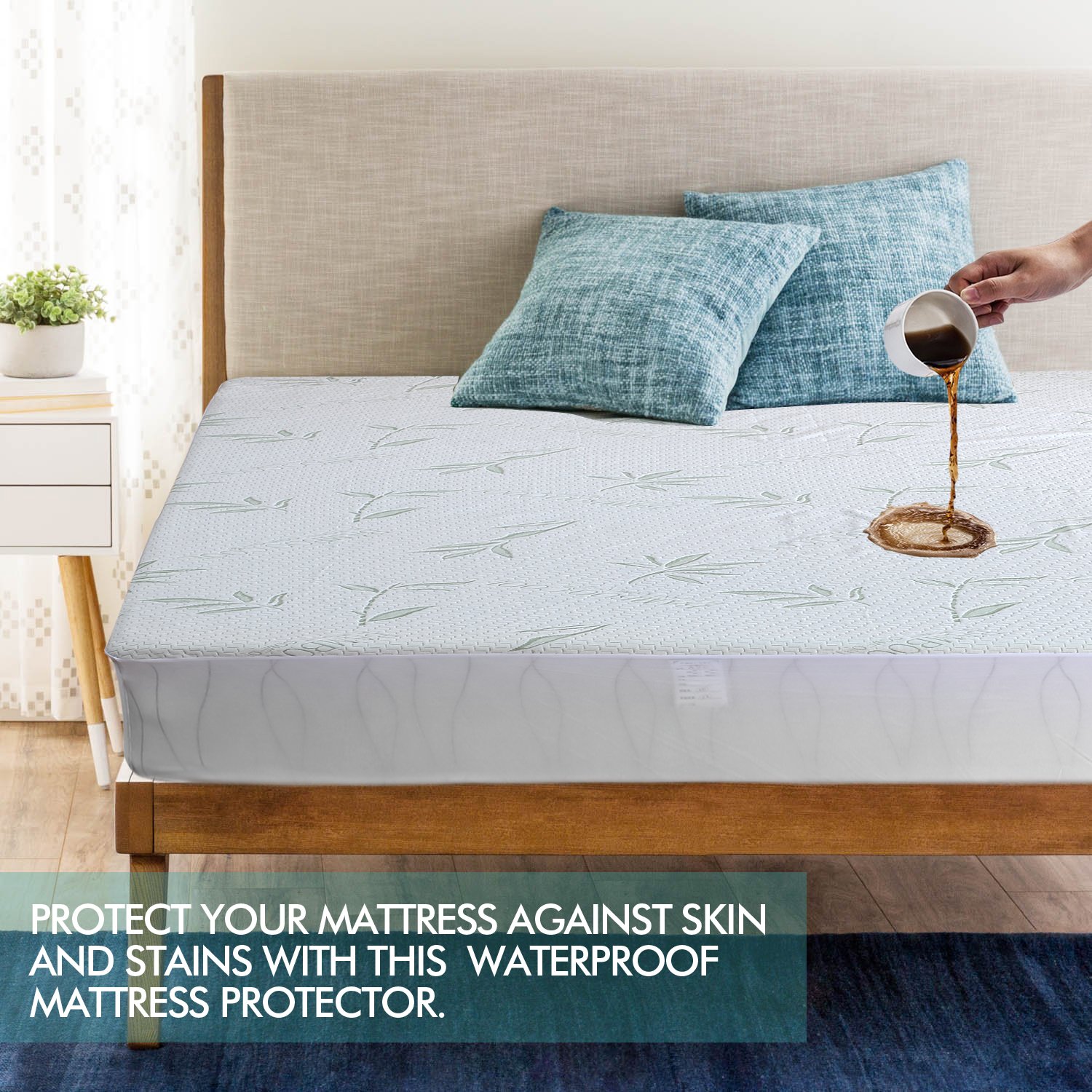 DreamZ Fitted Waterproof Mattress Protector with Bamboo Fibre Cover, showcasing its soft texture and waterproof features.