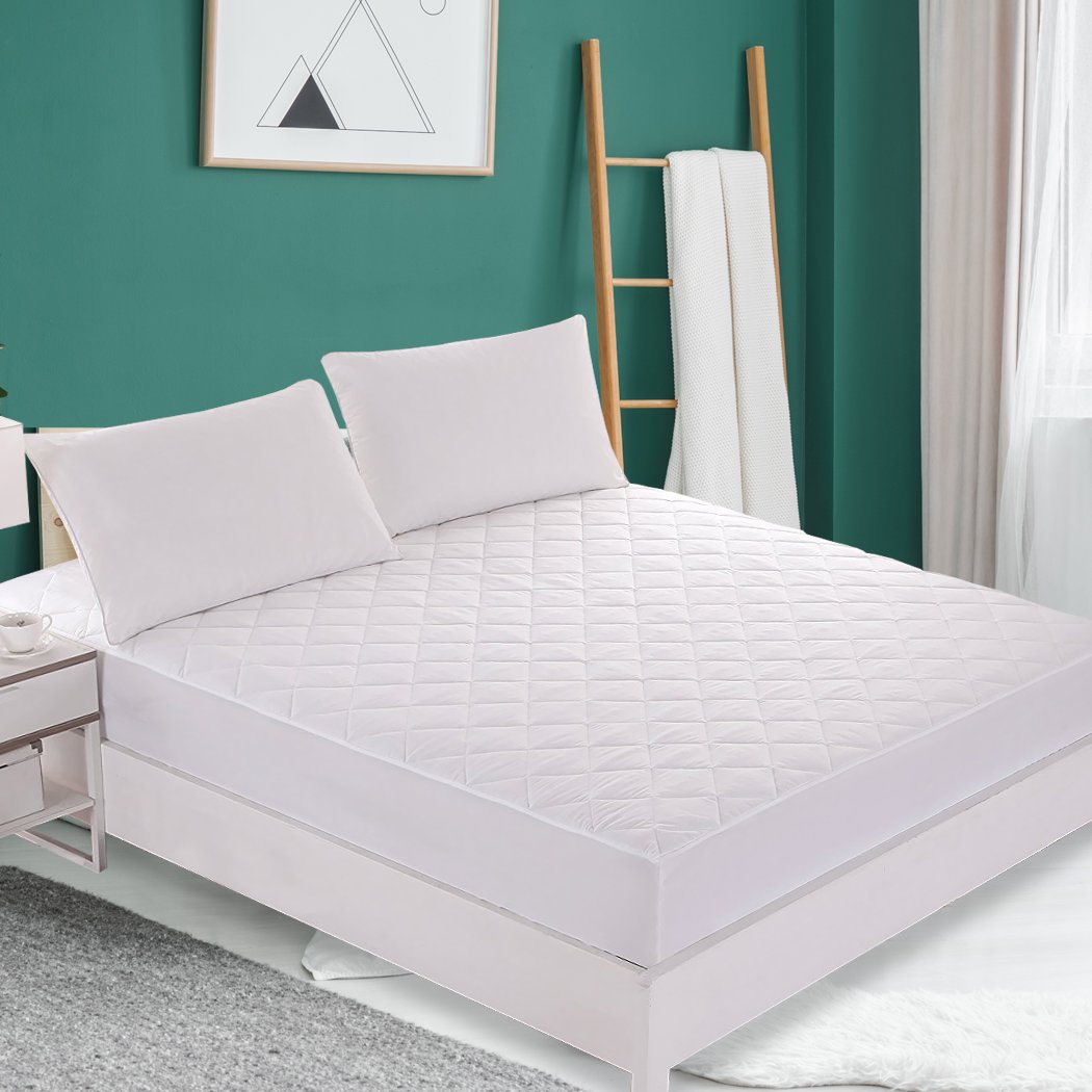 DreamZ Fully Fitted Waterproof Microfiber Mattress Protector King in white, featuring a quilted diamond pattern and elastic band edges for a secure fit.