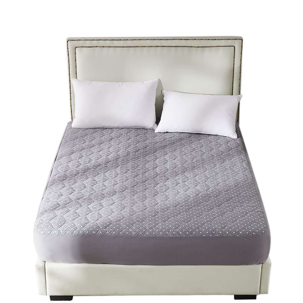 Dreamz Mattress Protector Topper featuring bamboo charcoal, waterproof design, and plush polyester filling in a stylish grey color.