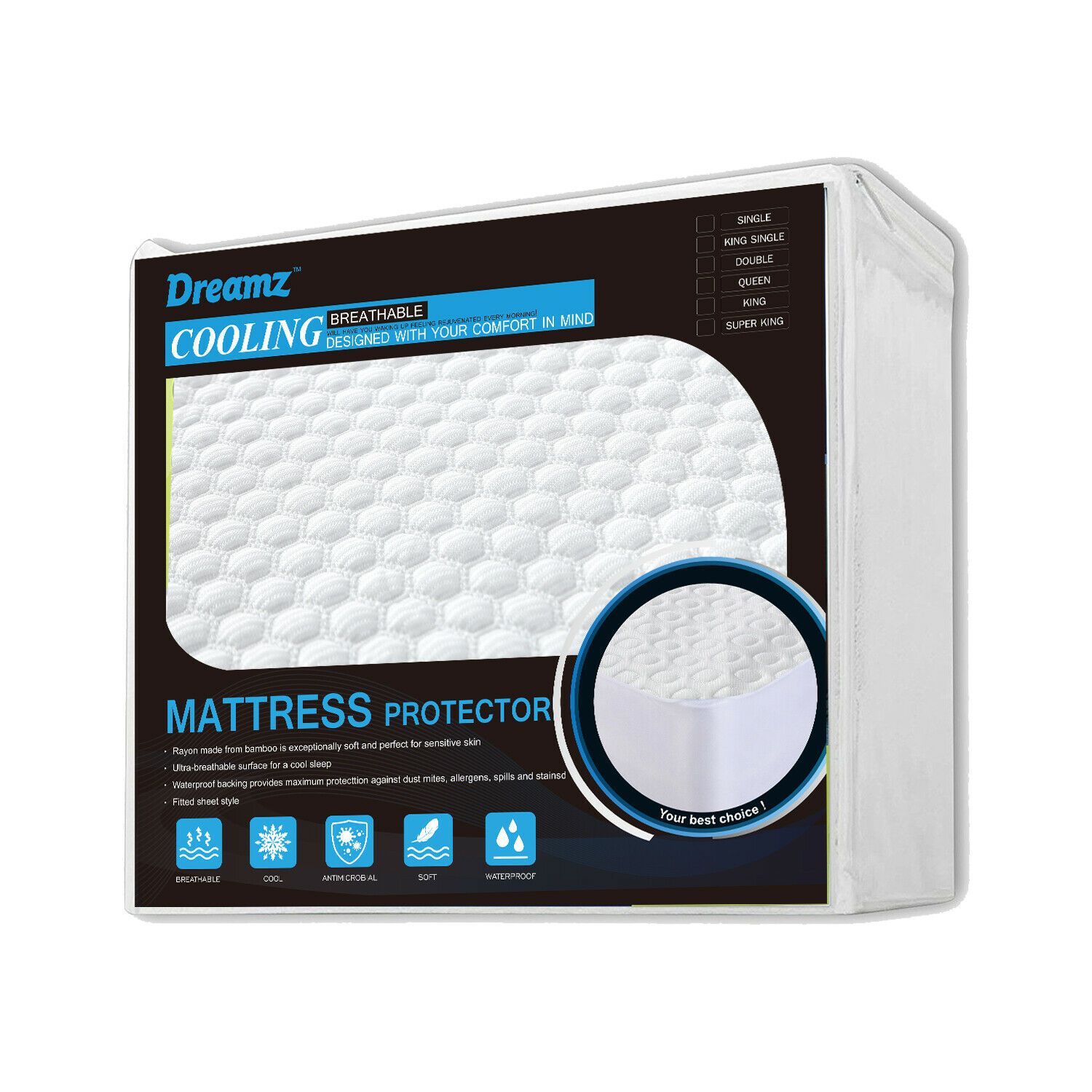 DreamZ Mattress Protector Topper featuring cool zone technology, designed for comfort and protection with a fitted skirt.