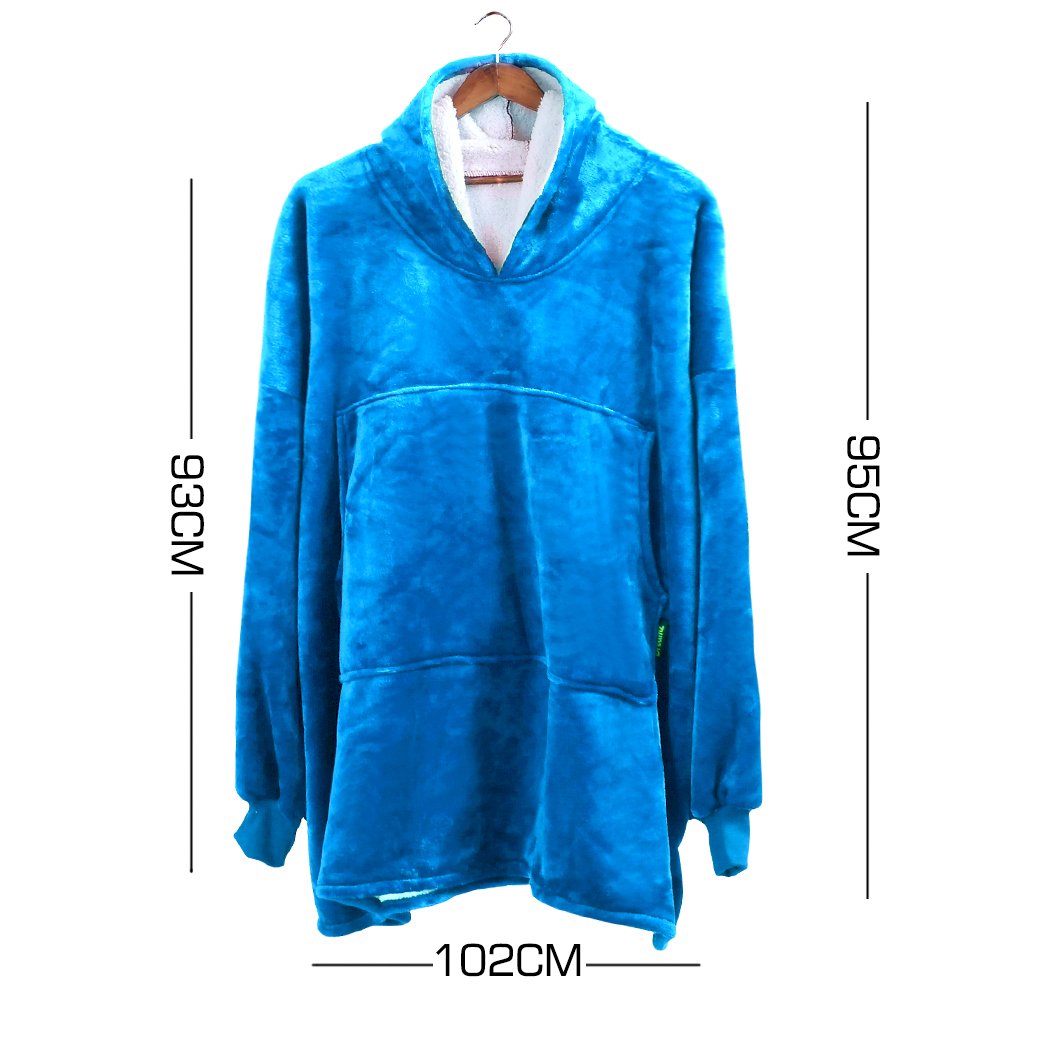 DreamZ Plush Warm Fleece Sherpa Hoodie Sweatshirt Huggle Blanket in blue, showcasing its oversized design and soft fabric.