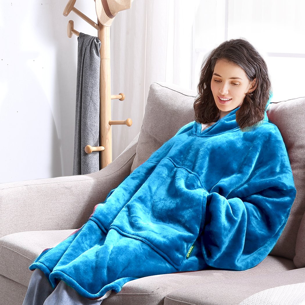 DreamZ Plush Warm Fleece Sherpa Hoodie Sweatshirt Huggle Blanket in blue, showcasing its oversized design and soft fabric.
