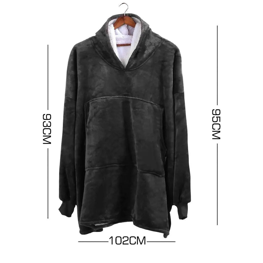 DreamZ Plush Warm Fleece Sherpa Hoodie Sweatshirt Huggle Blanket in grey, showcasing its oversized hood and large pocket.