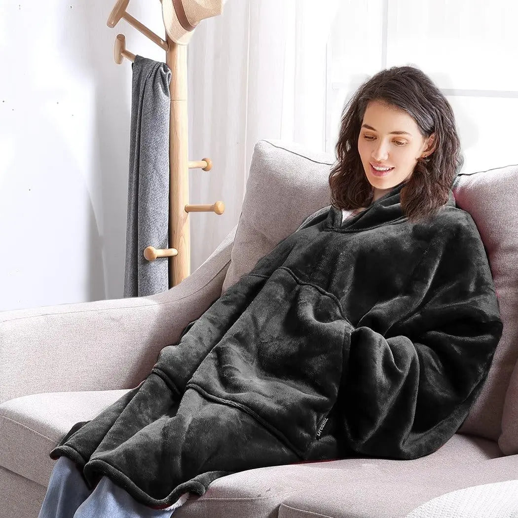 DreamZ Plush Warm Fleece Sherpa Hoodie Sweatshirt Huggle Blanket in grey, showcasing its oversized hood and large pocket.
