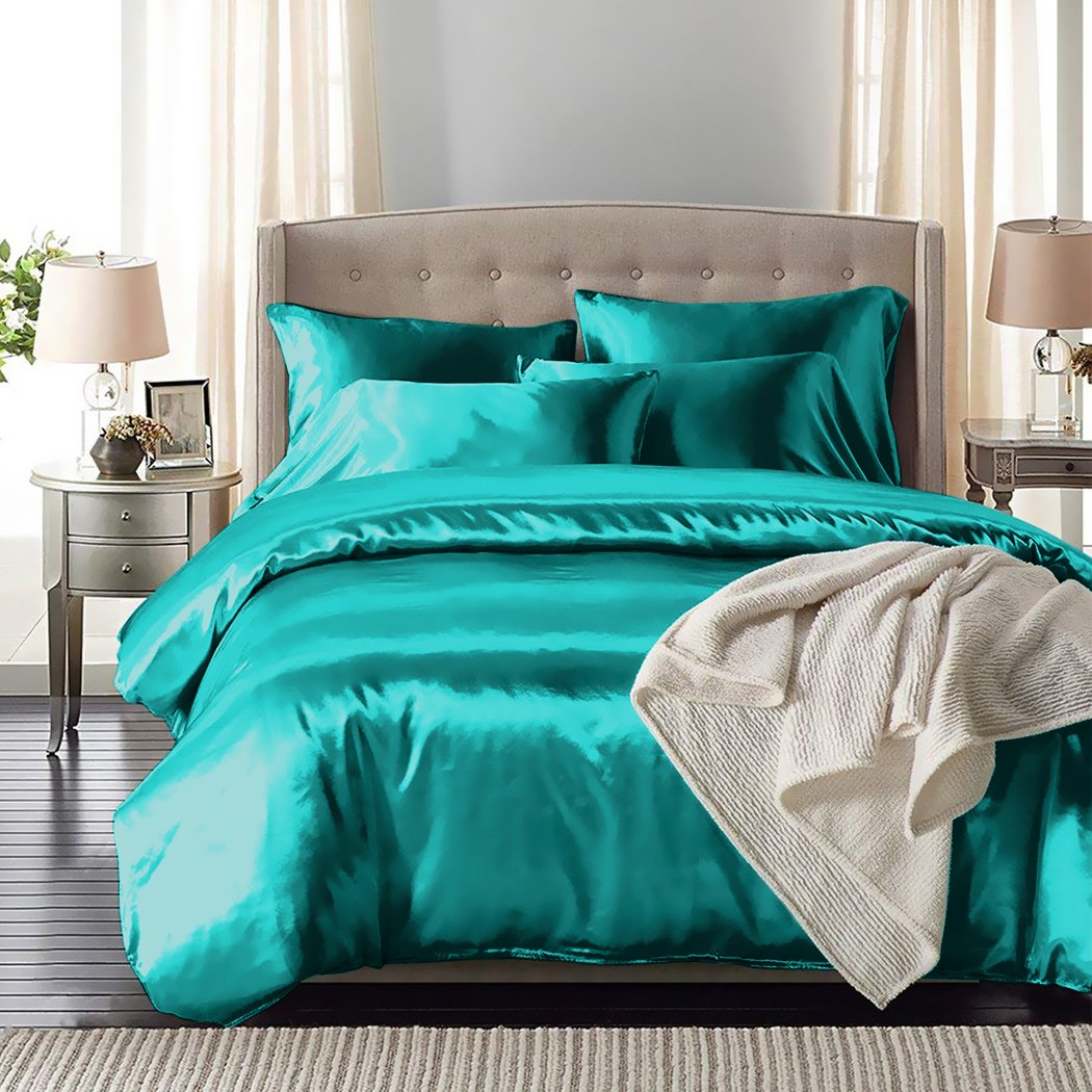 DreamZ Silk Satin Quilt Duvet Cover Set in teal color, featuring a smooth satin texture and elegant design, perfect for single beds.