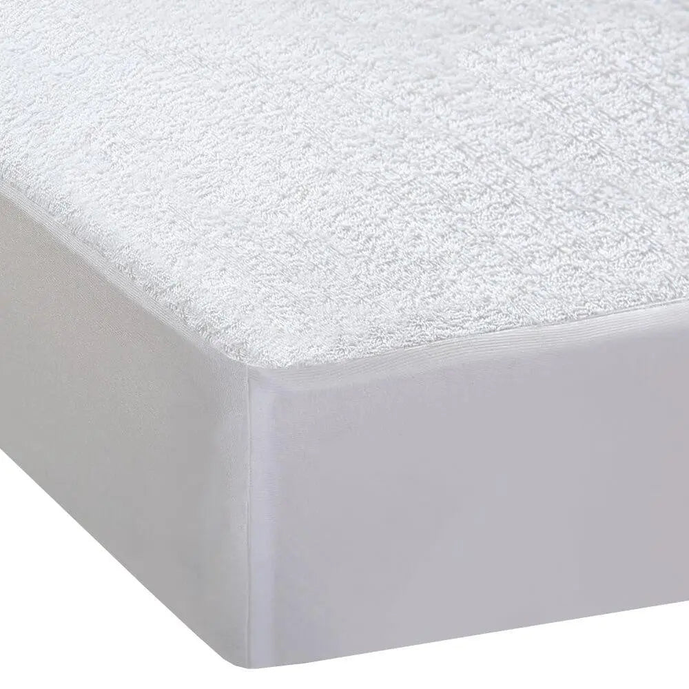 DreamZ Terry Cotton Fully Fitted Waterproof Mattress Protector, showcasing its soft terry cover and waterproof design.