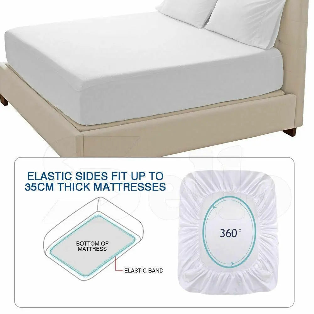 DreamZ Terry Cotton Fully Fitted Waterproof Mattress Protector, showcasing its soft terry cover and waterproof design.