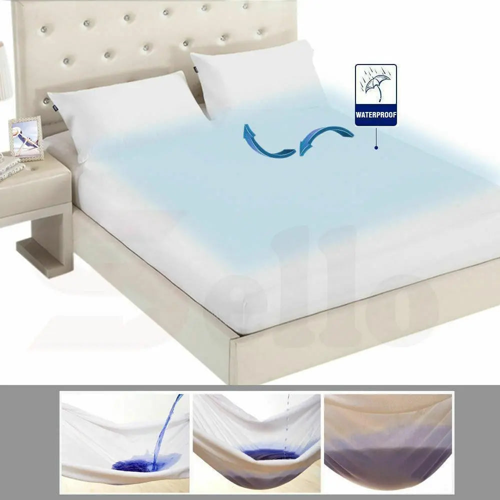 DreamZ Terry Cotton Fully Fitted Waterproof Mattress Protector, showcasing its soft terry cover and waterproof design.