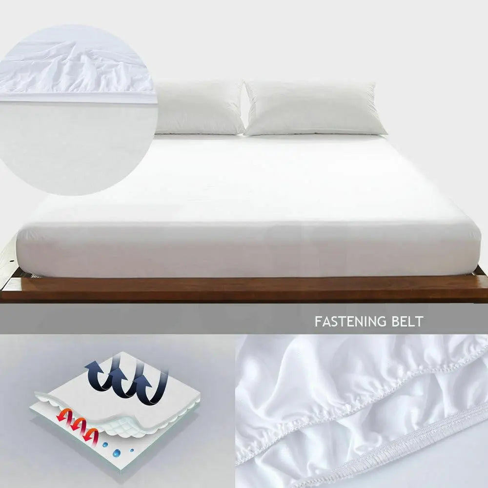 DreamZ Terry Cotton Fully Fitted Waterproof Mattress Protector, showcasing its soft terry cover and waterproof design.