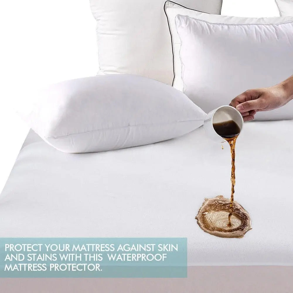 DreamZ Terry Cotton Fully Fitted Waterproof Mattress Protector, showcasing its soft terry cover and waterproof design.