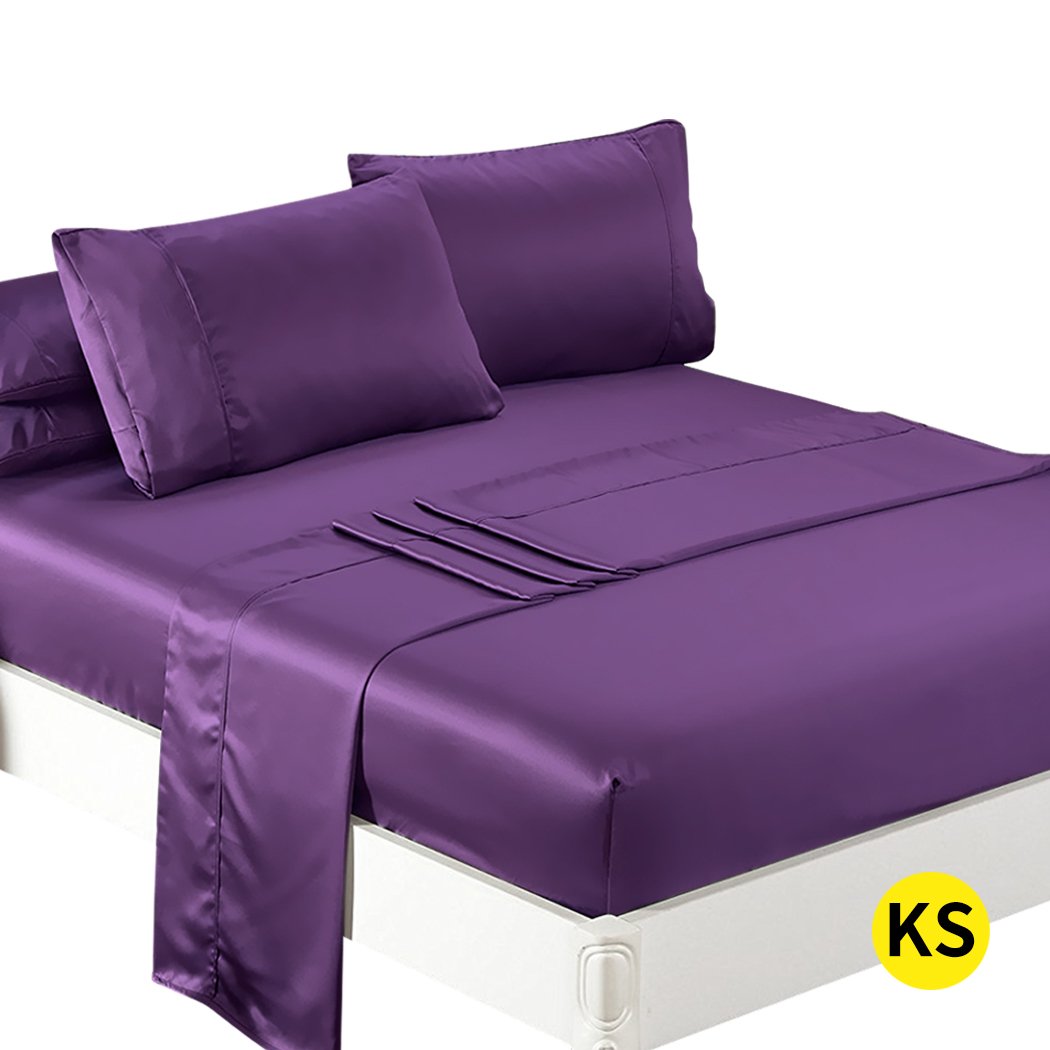 DreamZ Ultra Soft Silky Satin Bed Sheet Set in rich purple color, featuring a fitted sheet, flat sheet, and pillowcase, designed for King Single beds.