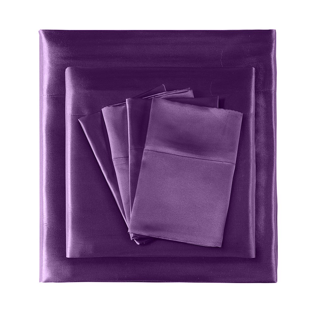 DreamZ Ultra Soft Silky Satin Bed Sheet Set in rich purple color, featuring a fitted sheet, flat sheet, and pillowcase, designed for King Single beds.