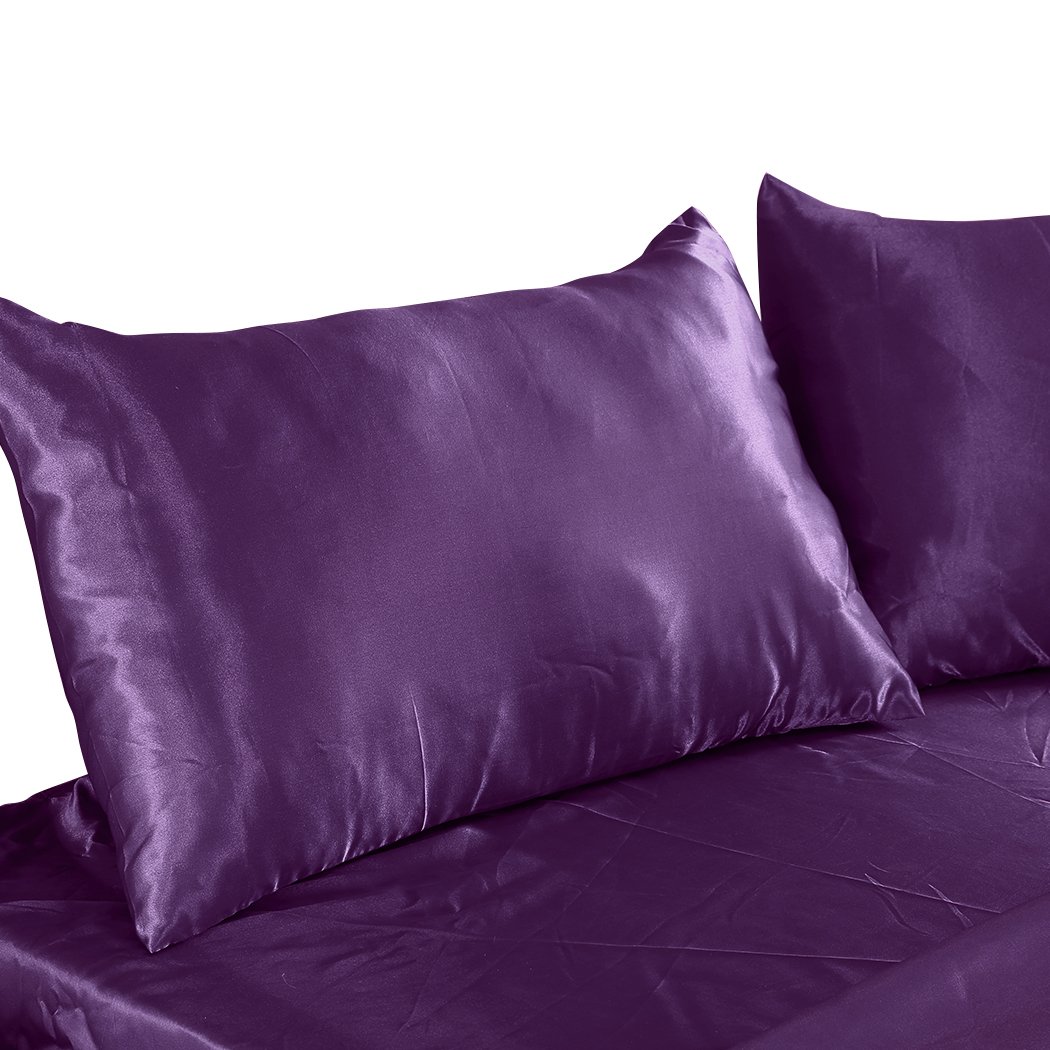 DreamZ Ultra Soft Silky Satin Bed Sheet Set in rich purple color, featuring a fitted sheet, flat sheet, and pillowcase, designed for King Single beds.