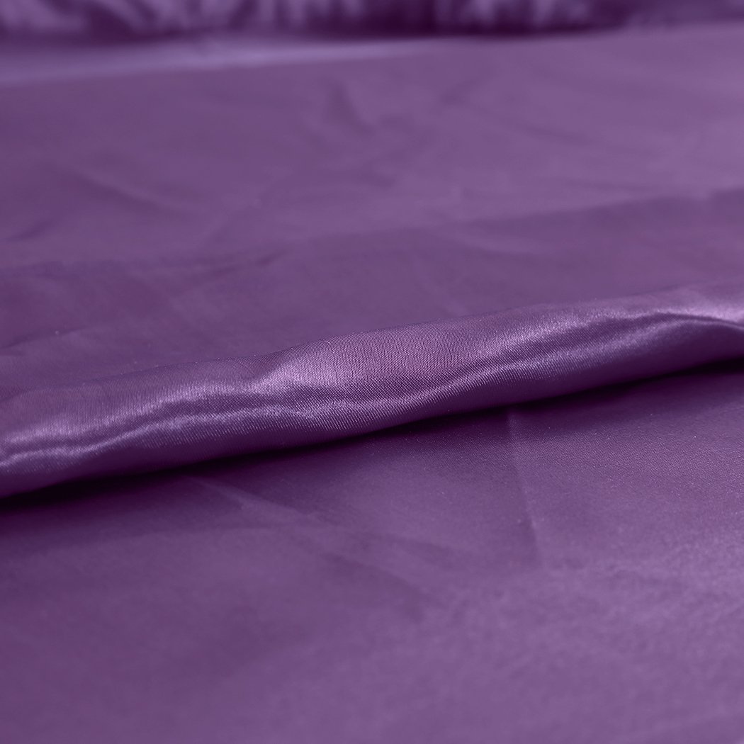 DreamZ Ultra Soft Silky Satin Bed Sheet Set in rich purple color, featuring a fitted sheet, flat sheet, and pillowcase, designed for King Single beds.