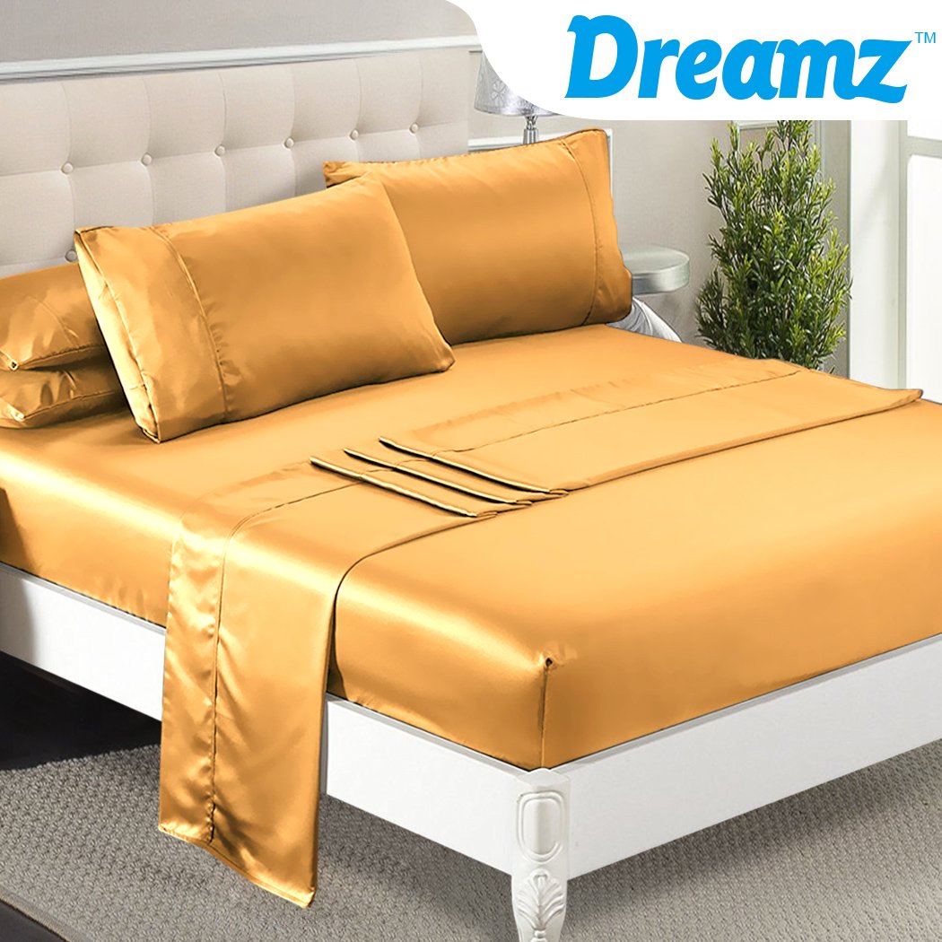 DreamZ Ultra Soft Silky Satin Bed Sheet Set in Queen Size, Gold color, featuring a smooth and shiny texture, elegantly draped over a bed.