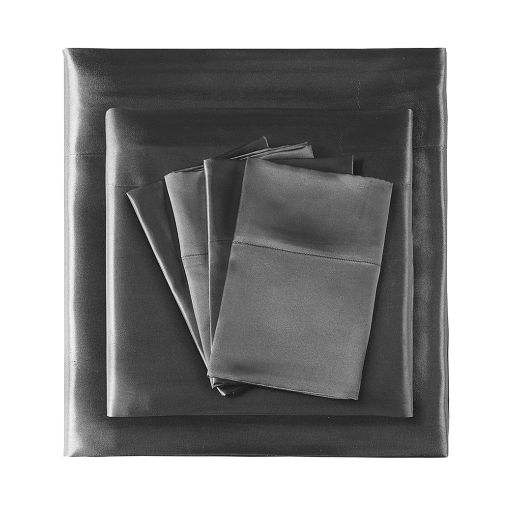 DreamZ Ultra Soft Silky Satin Bed Sheet Set in Charcoal, featuring a fitted sheet, flat sheet, and pillowcase with a luxurious sheen.