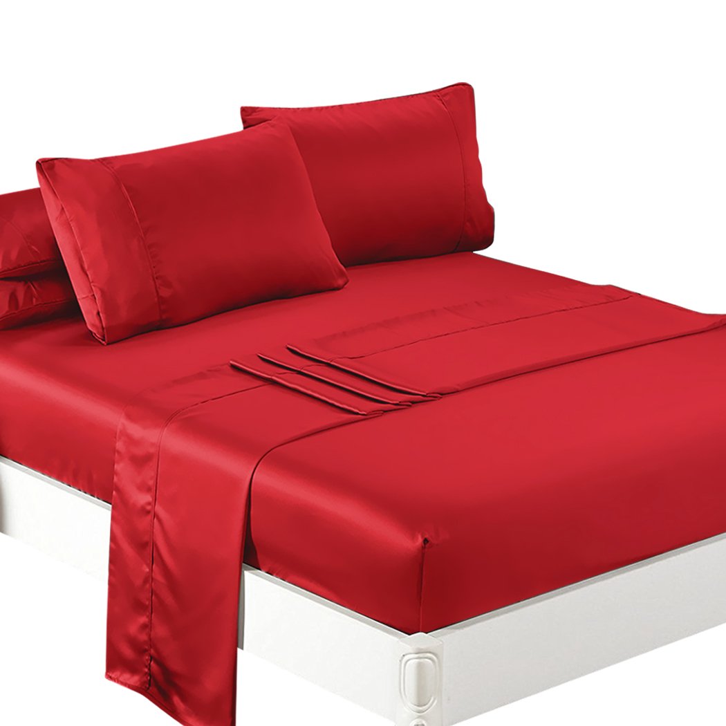 DreamZ Ultra Soft Silky Satin Bed Sheet Set in Burgundy, featuring a fitted sheet, flat sheet, and pillowcase, showcasing its luxurious sheen and smooth texture.