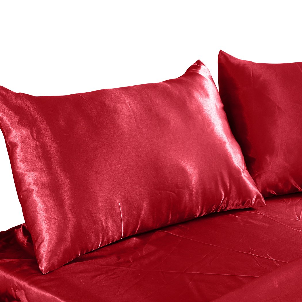 DreamZ Ultra Soft Silky Satin Bed Sheet Set in Burgundy, featuring a fitted sheet, flat sheet, and pillowcase, showcasing its luxurious sheen and smooth texture.