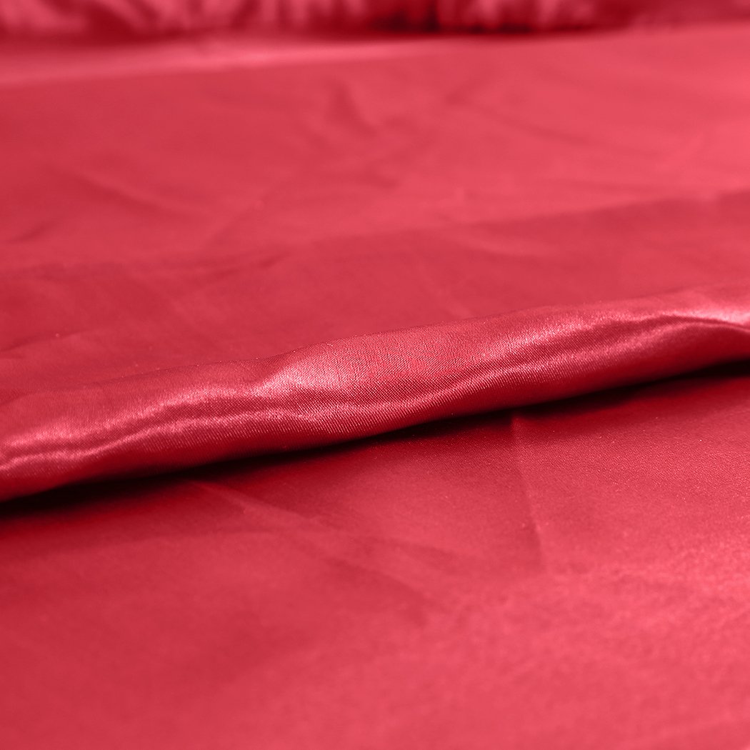 DreamZ Ultra Soft Silky Satin Bed Sheet Set in Burgundy, featuring a fitted sheet, flat sheet, and pillowcase, showcasing its luxurious sheen and smooth texture.