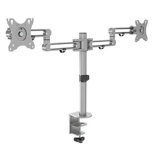 Dual Monitor Premium Aluminum Articulating Monitor Bracket showcasing its sleek design and adjustable features for optimal monitor positioning.