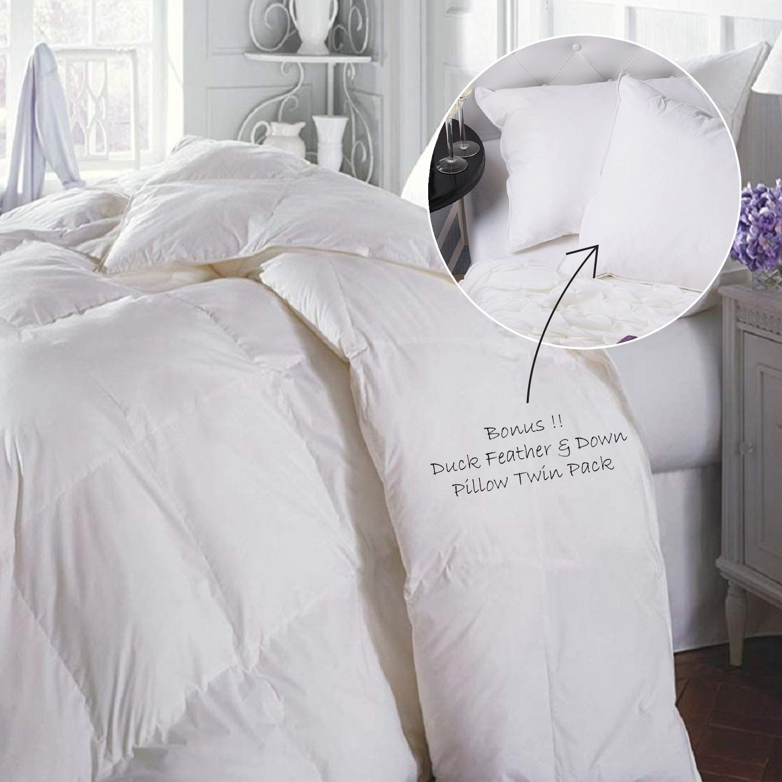 Luxurious Duck Feather & Down Quilt and Pillows set featuring soft cotton cover and premium fill for ultimate comfort.