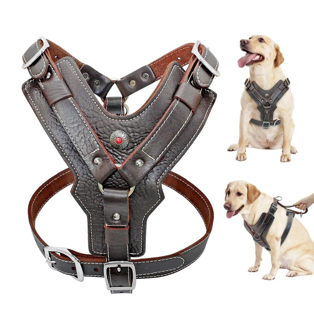 Durable genuine leather dog harness for large breeds, featuring a padded design and quick control handle, ideal for training and everyday use.