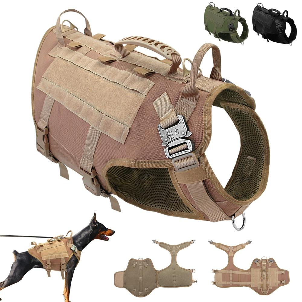 Durable nylon tactical dog harness in brown and black, designed for medium to large dogs, featuring padded interior and quick-release buckles.