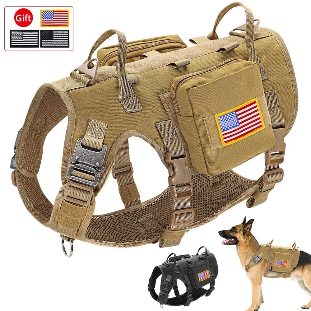 Durable Tactical Military Dog Harness in khaki color, featuring padded design, quick release buckle, and attached bags and flags.