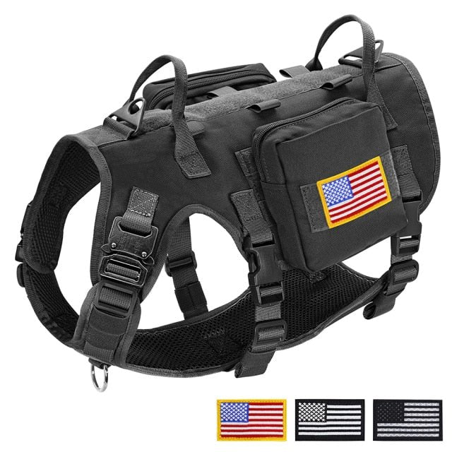 Durable Tactical Military Dog Harness in khaki color, featuring padded design, quick release buckle, and attached bags and flags.