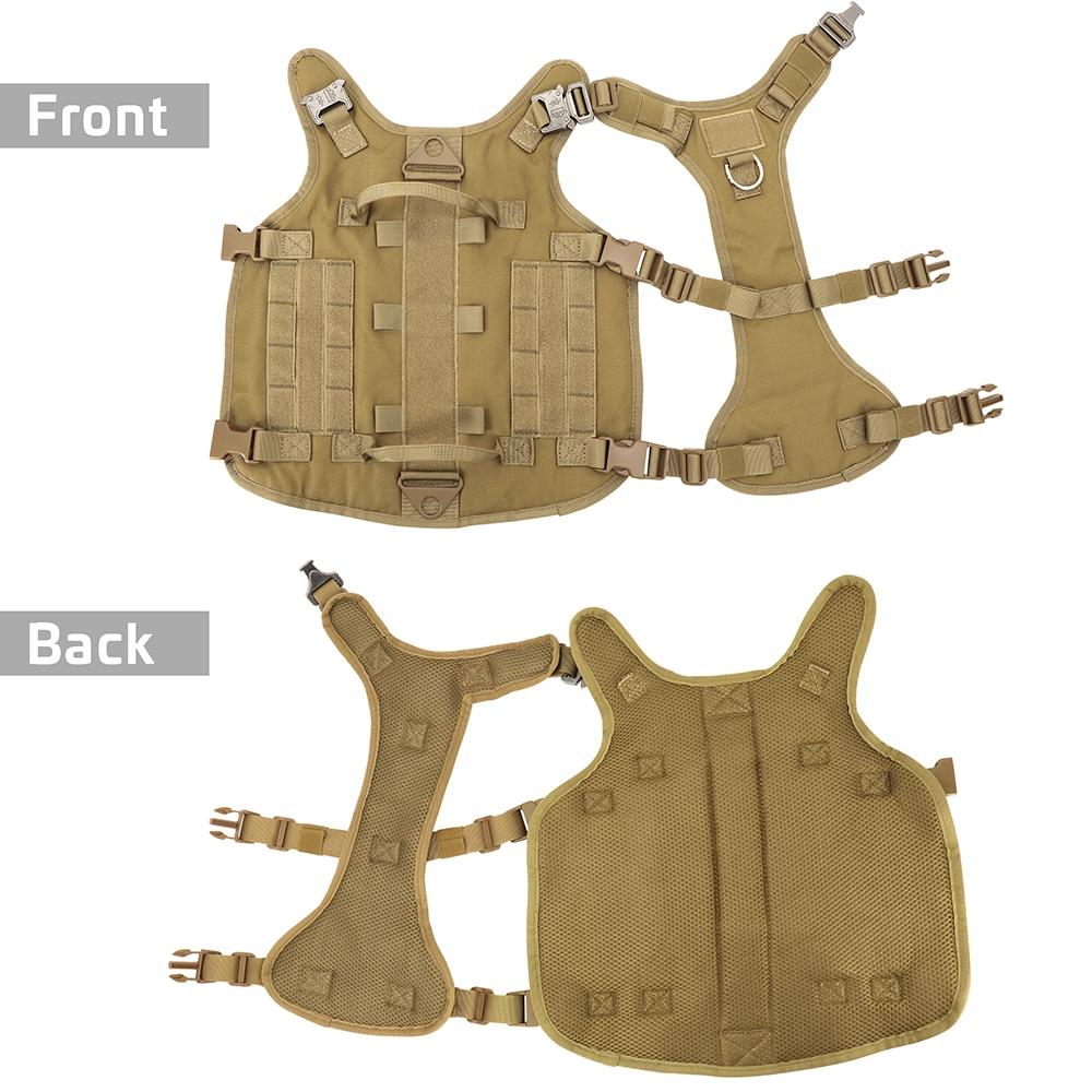 Durable Tactical Military Dog Harness in khaki color, featuring padded design, quick release buckle, and attached bags and flags.