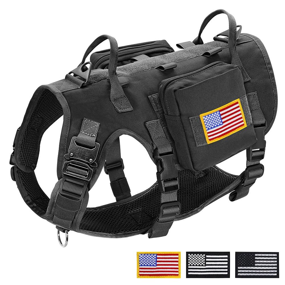 Durable Tactical Military Dog Harness in khaki color, featuring padded design, quick release buckle, and attached bags and flags.