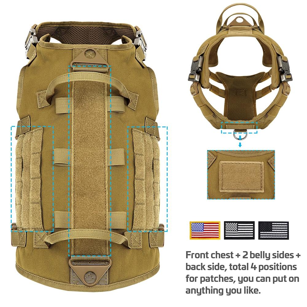 Durable Tactical Military Dog Harness in khaki color, featuring padded design, quick release buckle, and attached bags and flags.